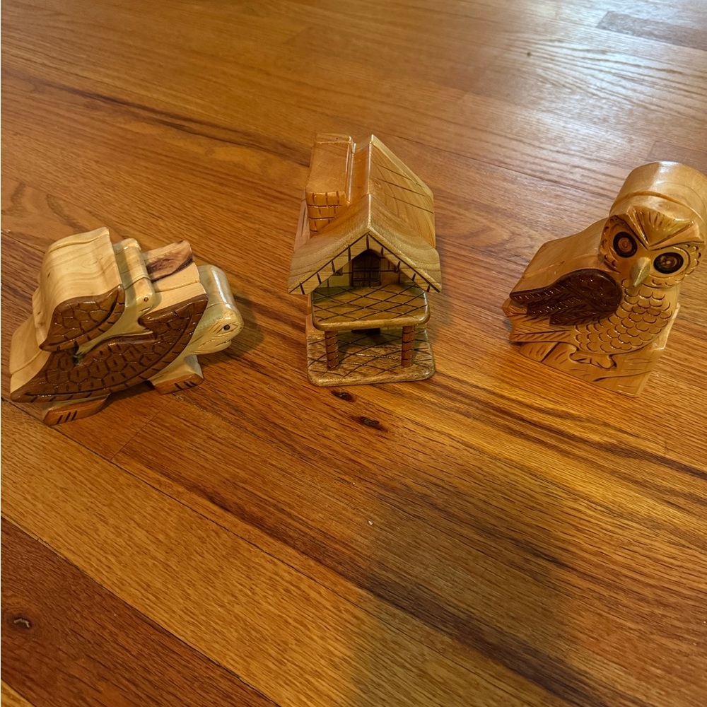 Wooden Animal (owl and turtle) and House Figurines